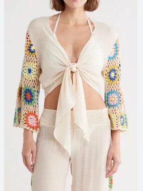 Elan Cream Tie-Front Cover-Up with Multicolor Crochet Sleeves